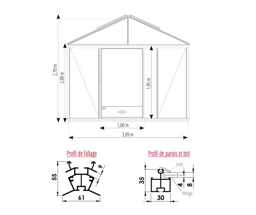 Serre Luxia, aluminium, structure avec différentes couleurs, 3.09 x 5.30 m, 16.40 m²