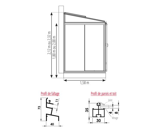 Serre Luxia, aluminium, structure avec différentes couleurs + gouttière 2.00m, 2.36 x 1.58 m, 3.70m²