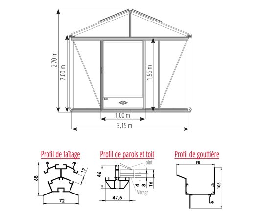 Serre Supra, aluminium, structure avec différentes couleurs, 3.15 x 4.57 m, 14.40m²