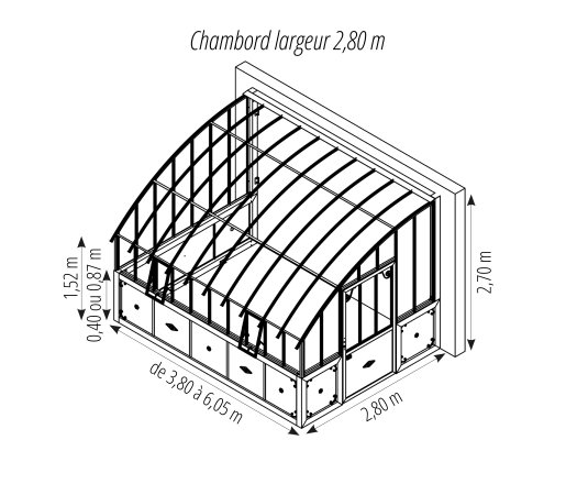 Serre Chambord, aluminium sur embase 87cm, structure brun rouille, 2.80 x 3.80 m, 10.64m²