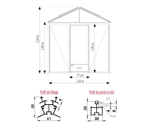 Serre Luxia, aluminium, structure avec différentes couleurs, 2.36 x 3.80 m, 9.00m²