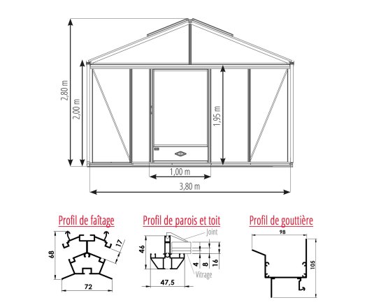 Serre Supra, aluminium, structure avec différentes couleurs, 3.80 x 5.30 m, 20.10 m²