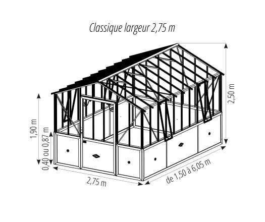 Serre Classique, aluminium sur embase 40cm, structure brun rouille, 2.75 x 3.80 m, 10.45m²