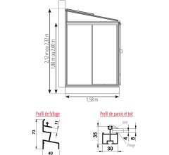 Serre Luxia, aluminium, structure avec différentes couleurs + gouttière 2.00m, 2.36 x 1.58 m, 3.70m²