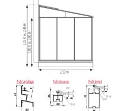 Serre Luxia adossée, aluminium, structure avec différentes couleurs + gouttière 2.00m, 2.32 x 3.80 m, 8.80m²