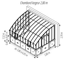 Serre Chambord, aluminium sur embase 87cm, structure brun rouille, 2.80 x 3.80 m, 10.64m²