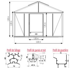 Serre Supra, aluminium, structure avec différentes couleurs, 3.80 x 5.30 m, 20.10 m²