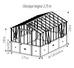 Serre Classique, aluminium sur embase 40cm, structure brun rouille, 2.75 x 3.80 m, 10.45m²