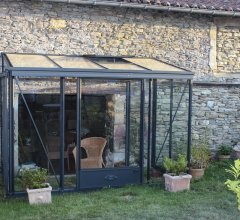 Serre Luxia, aluminium, structure avec différentes couleurs + gouttière 2.00m, 3.09 x 1.58 m, 4.90m²